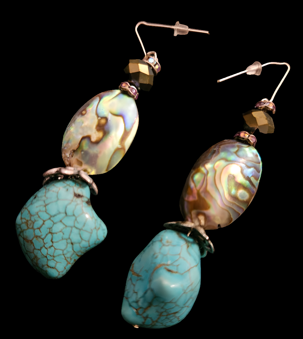 Abalone & Faux Turquoise Dangle Pierced Earrings - Gemstone and Shell Drop Ear Candy - Jeans Jewelry - Kat Kouture Jewelry