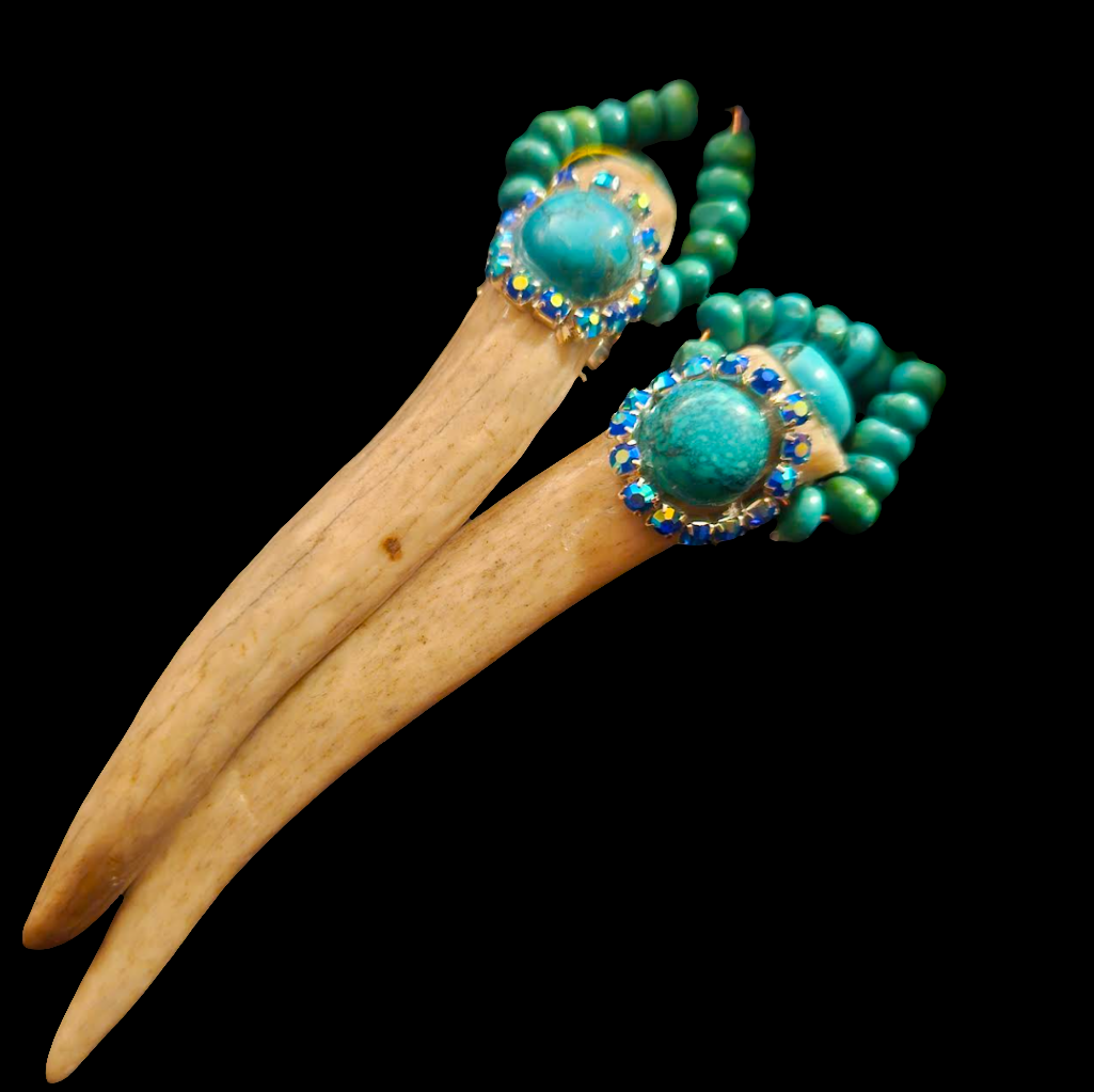 Avant Garde Turquoise and Antler Horn Shoulder Duster Pierced Earrings - OOAK Wearable Earlobe Art - Kat Kouture Jewelry