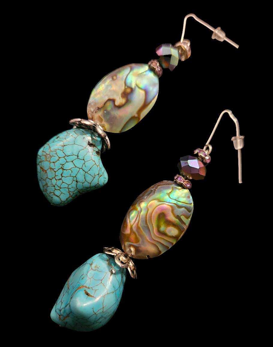 Abalone & Faux Turquoise Dangle Pierced Earrings - Gemstone and Shell Drop Ear Candy - Jeans Jewelry - Kat Kouture Jewelry