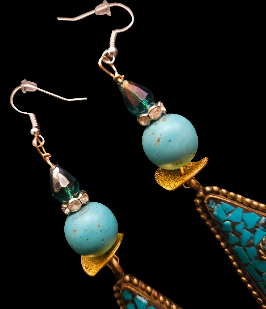 Tibetan Brass and Turquoise Shoulder Duster Pierced Earrings - Blue & Gold Exotic Long Ethnic Dangle Earrings - Belly Dancer Inspired - Kat Kouture Jewelry