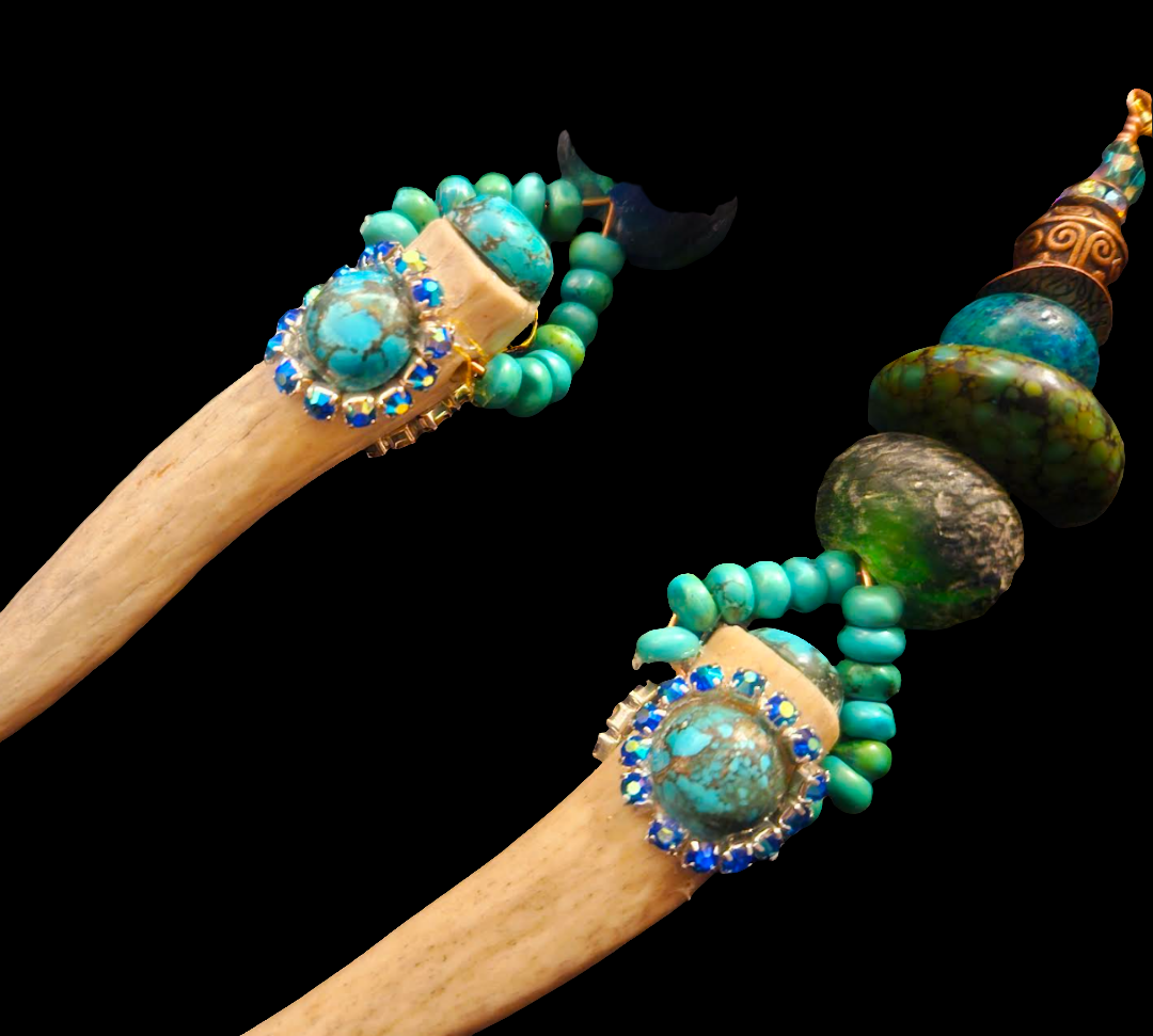 Avant Garde Turquoise and Antler Horn Shoulder Duster Pierced Earrings - OOAK Wearable Earlobe Art - Kat Kouture Jewelry