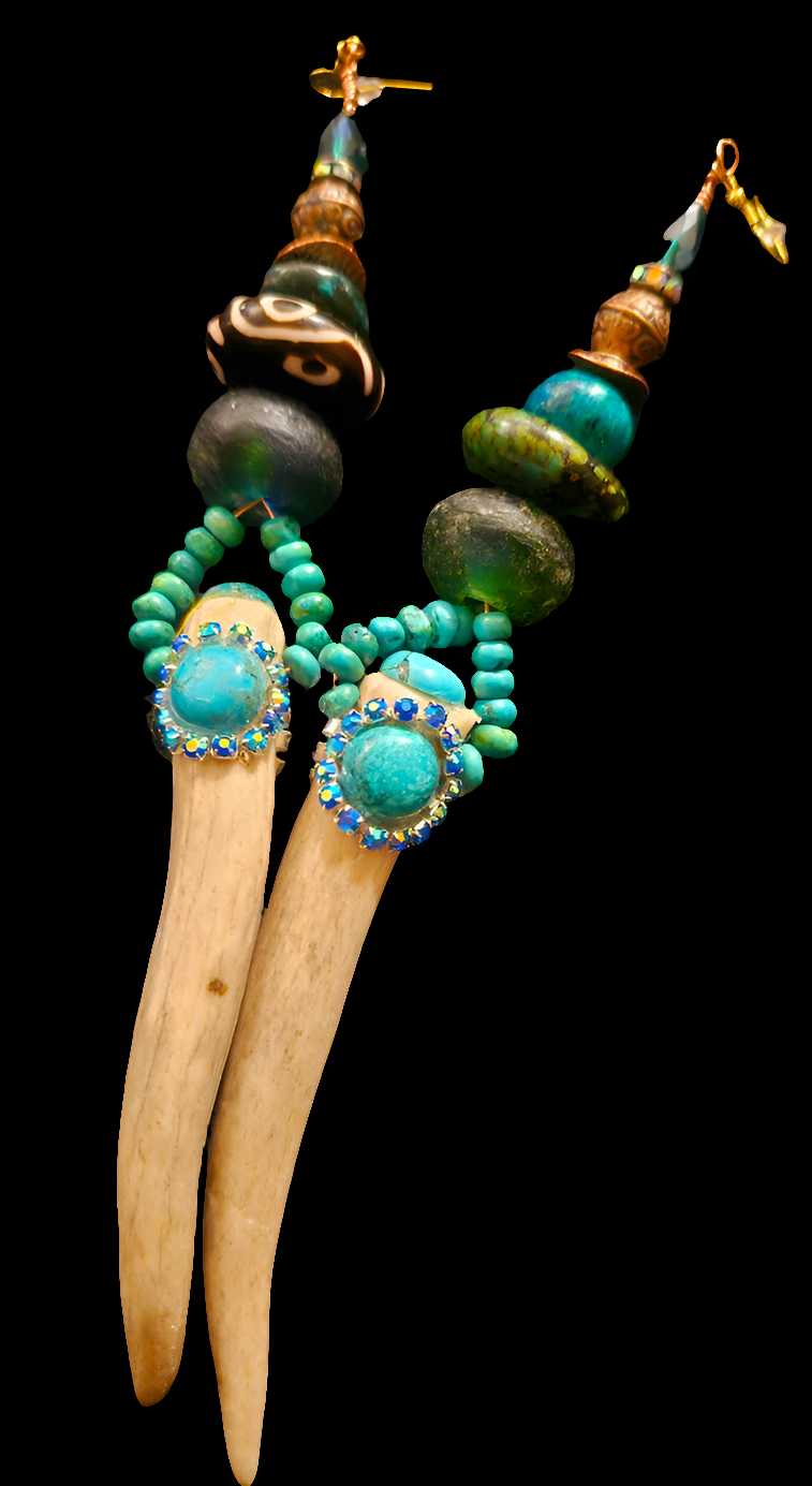 Avant Garde Turquoise and Antler Horn Shoulder Duster Pierced Earrings - OOAK Wearable Earlobe Art - Kat Kouture Jewelry