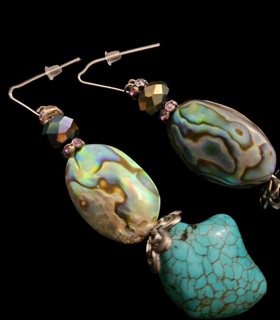 Abalone & Faux Turquoise Dangle Pierced Earrings - Gemstone and Shell Drop Ear Candy - Jeans Jewelry - Kat Kouture Jewelry