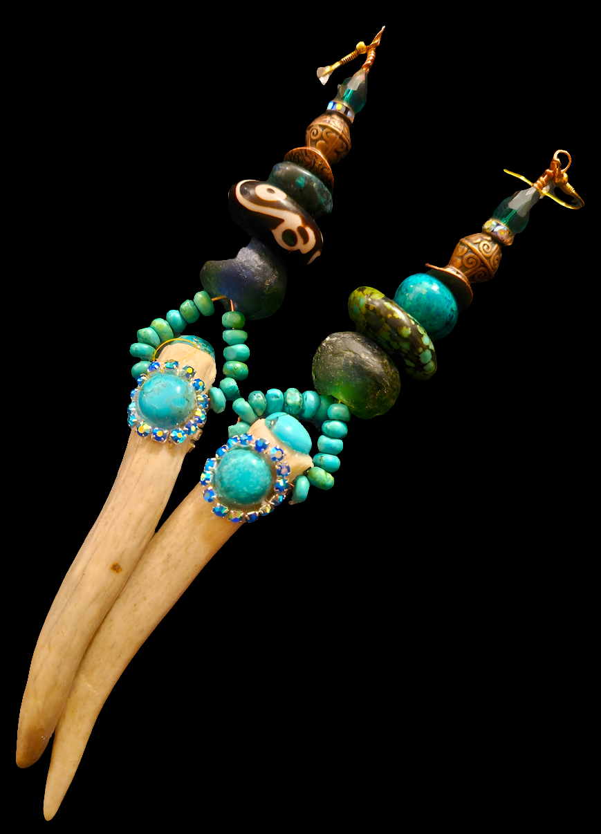 Avant Garde Turquoise and Antler Horn Shoulder Duster Pierced Earrings - OOAK Wearable Earlobe Art - Kat Kouture Jewelry