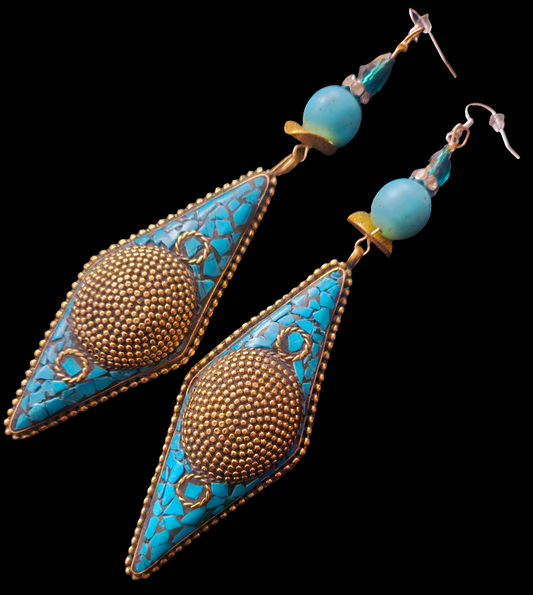 Tibetan Brass and Turquoise Shoulder Duster Pierced Earrings - Blue & Gold Exotic Long Ethnic Dangle Earrings - Belly Dancer Inspired - Kat Kouture Jewelry