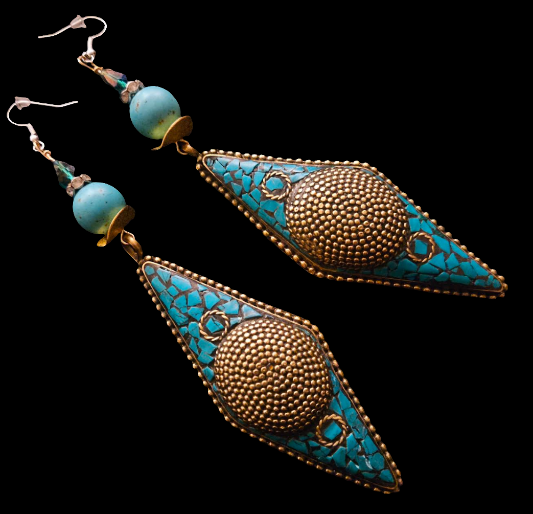 Tibetan Brass and Turquoise Shoulder Duster Pierced Earrings - Blue & Gold Exotic Long Ethnic Dangle Earrings - Belly Dancer Inspired - Kat Kouture Jewelry