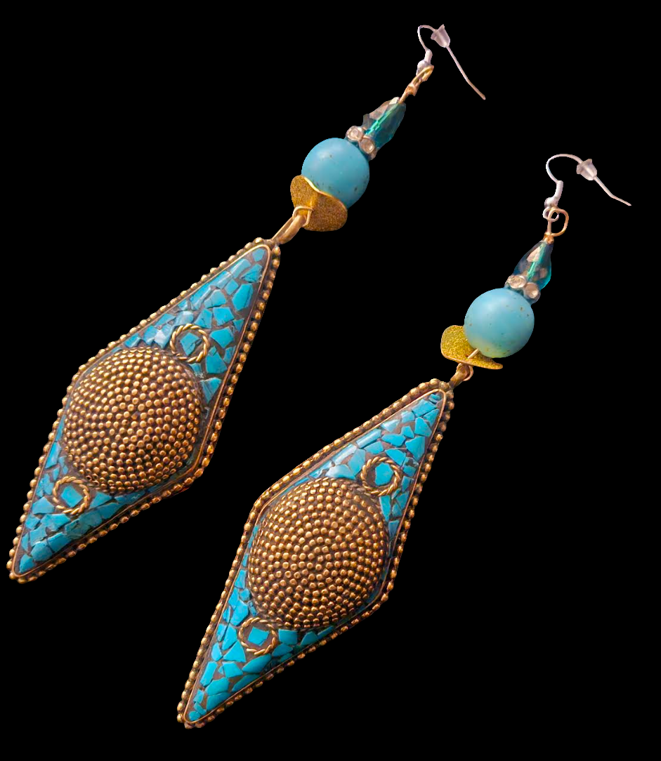 Tibetan Brass and Turquoise Shoulder Duster Pierced Earrings - Blue & Gold Exotic Long Ethnic Dangle Earrings - Belly Dancer Inspired - Kat Kouture Jewelry