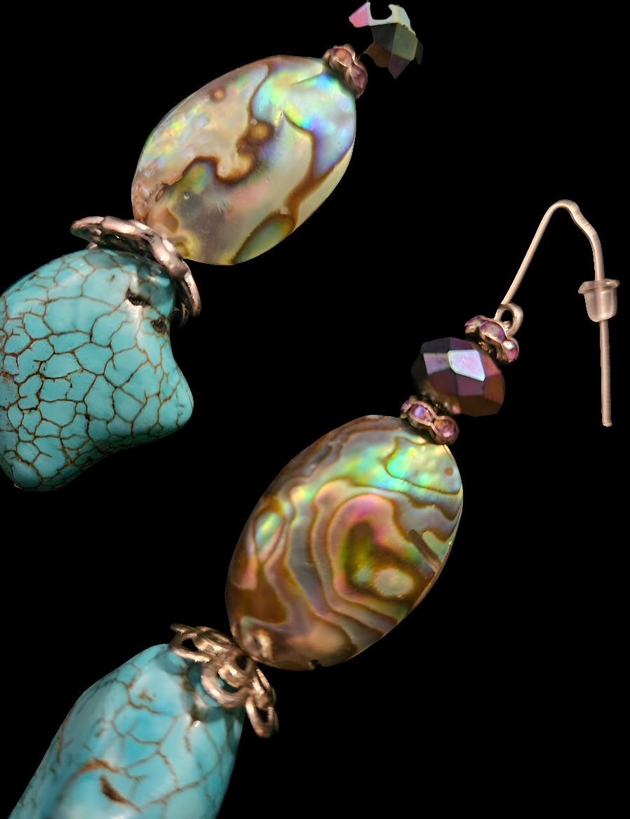 Abalone & Faux Turquoise Dangle Pierced Earrings - Gemstone and Shell Drop Ear Candy - Jeans Jewelry - Kat Kouture Jewelry