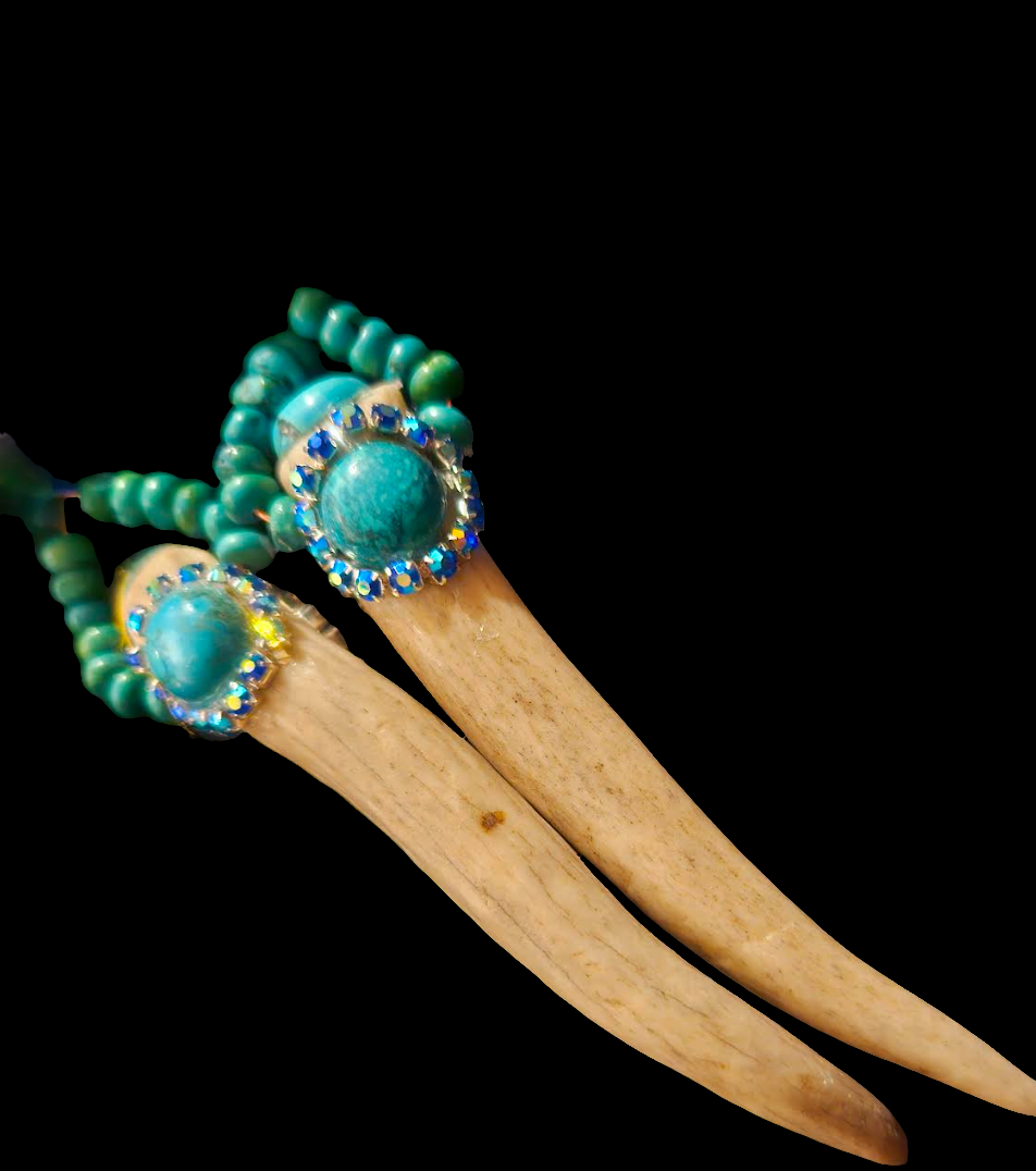 Avant Garde Turquoise and Antler Horn Shoulder Duster Pierced Earrings - OOAK Wearable Earlobe Art - Kat Kouture Jewelry