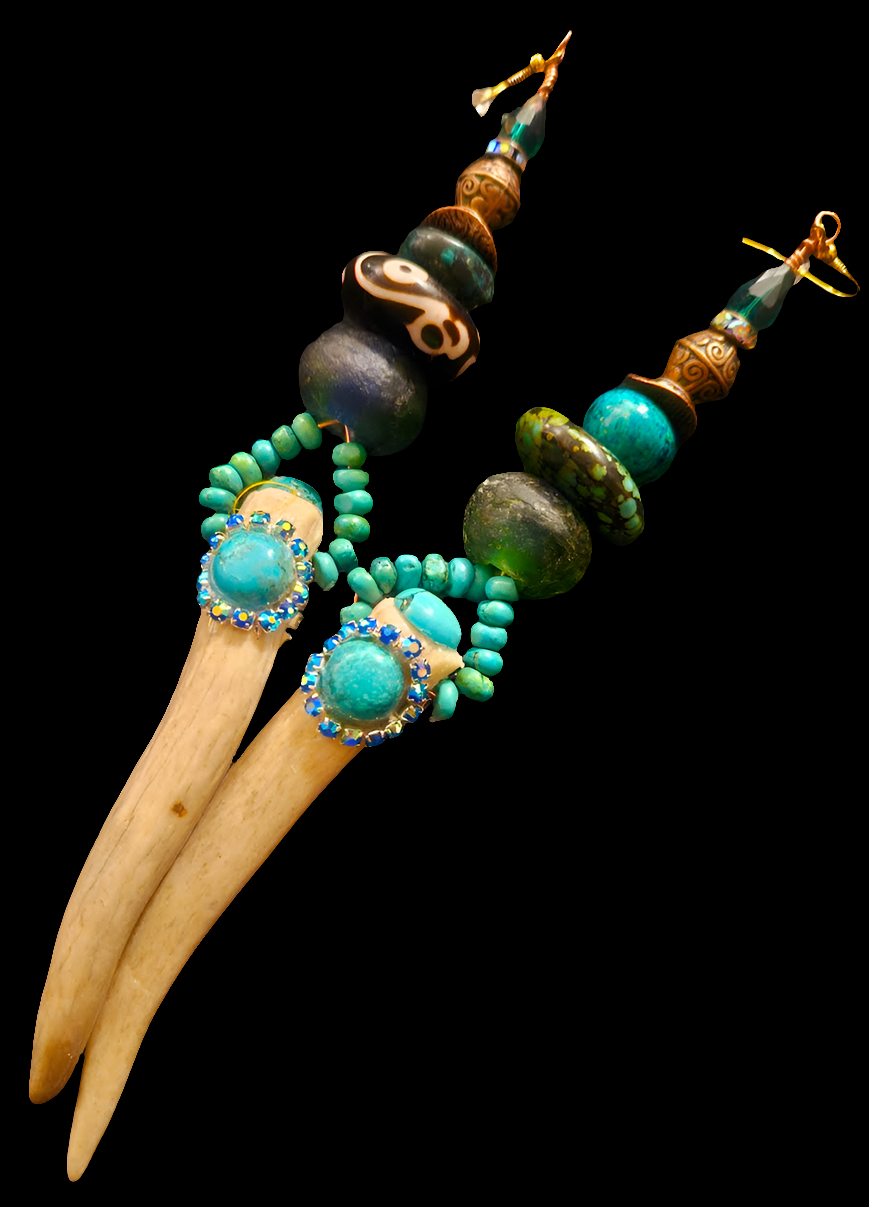 Avant Garde Turquoise and Antler Horn Shoulder Duster Pierced Earrings - OOAK Wearable Earlobe Art - Kat Kouture Jewelry