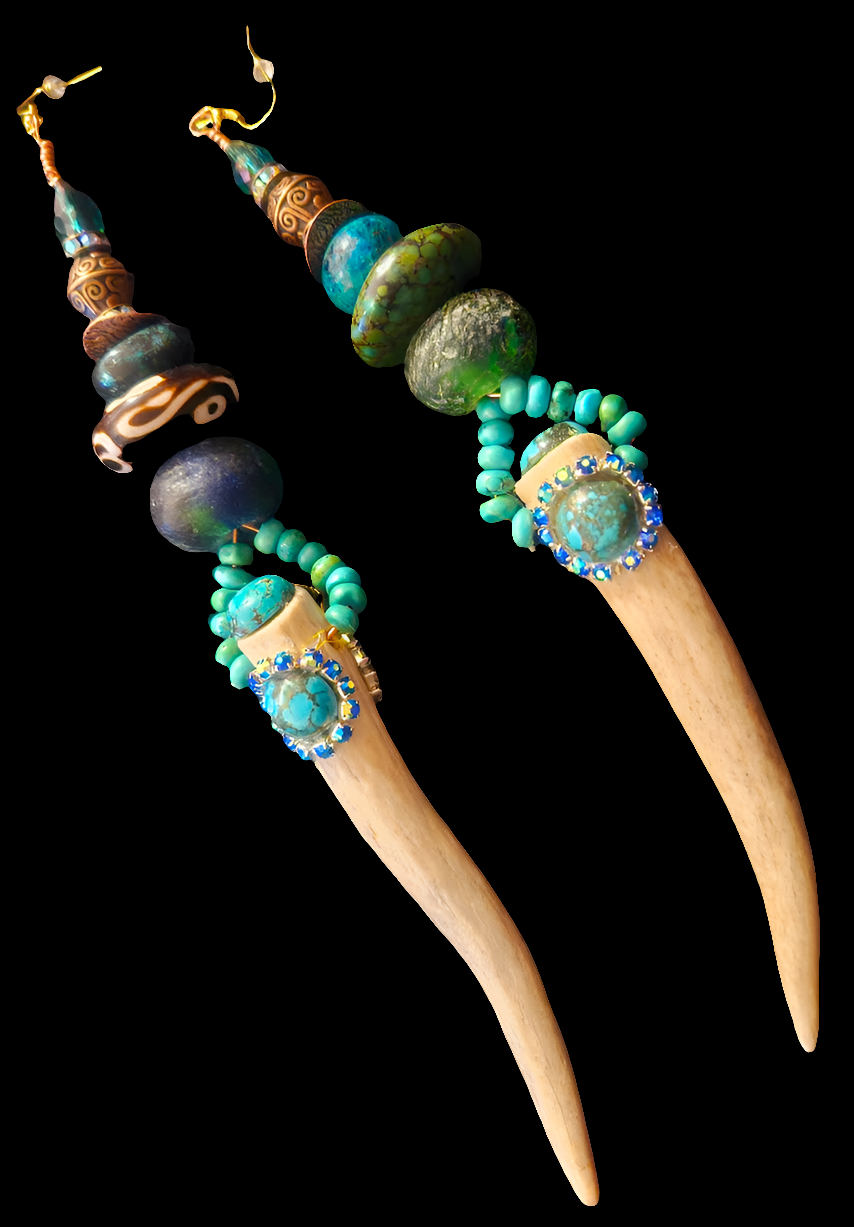 Avant Garde Turquoise and Antler Horn Shoulder Duster Pierced Earrings - OOAK Wearable Earlobe Art - Kat Kouture Jewelry