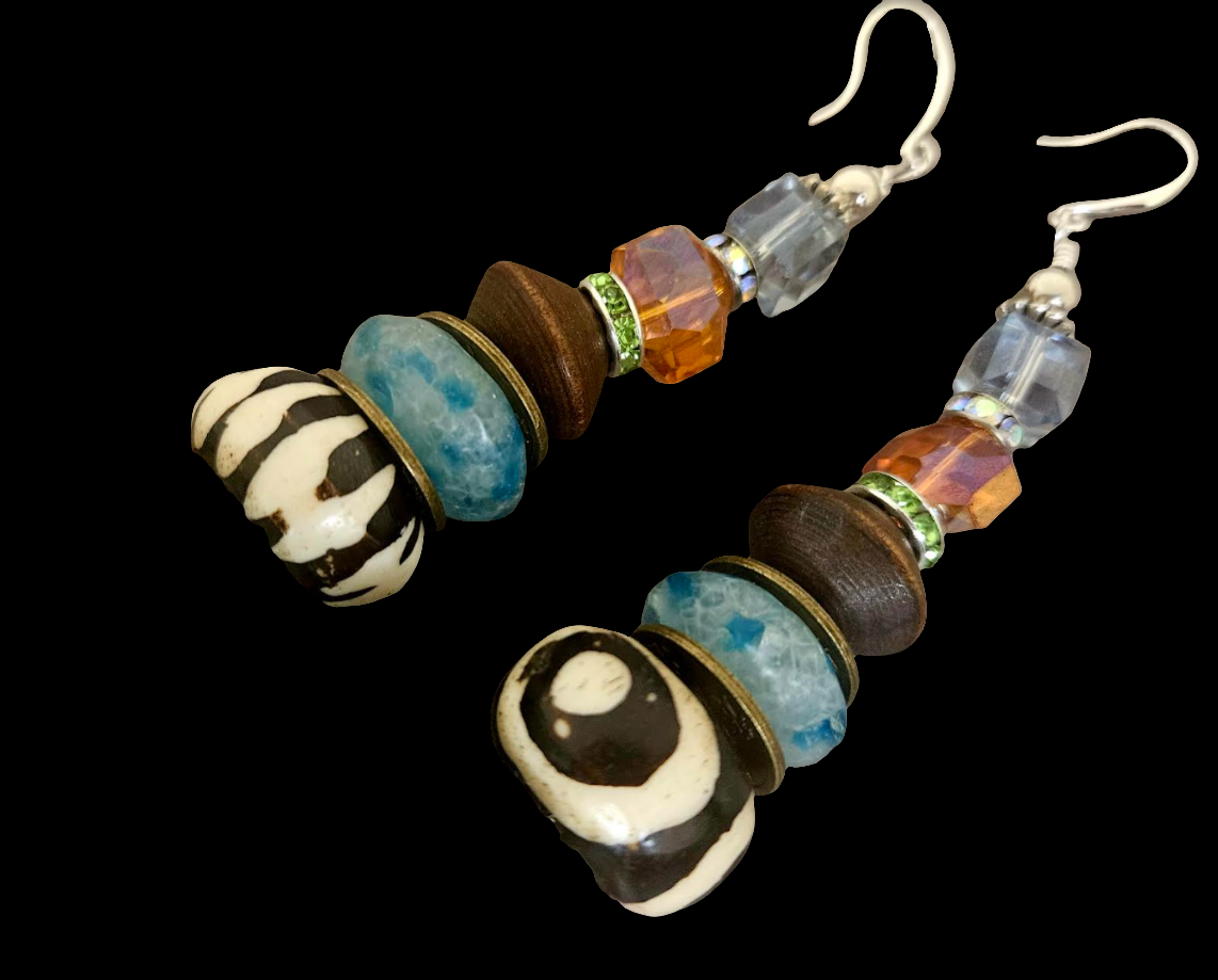 Soft Earth Tone Sari Silk Distressed Ribbon Sterling Silver Pierced Earrings, African Tribal Vibe Earrings