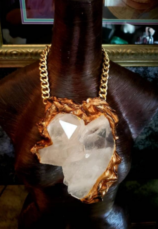 Huge Rough Quartz Chest Piece with Sculpted Baroque Setting - Gemmy Crystal Breast Plate for Men - Kat Kouture Jewelry Designs - Massive Crystal Statement Pendant - Bad Boy Amulet