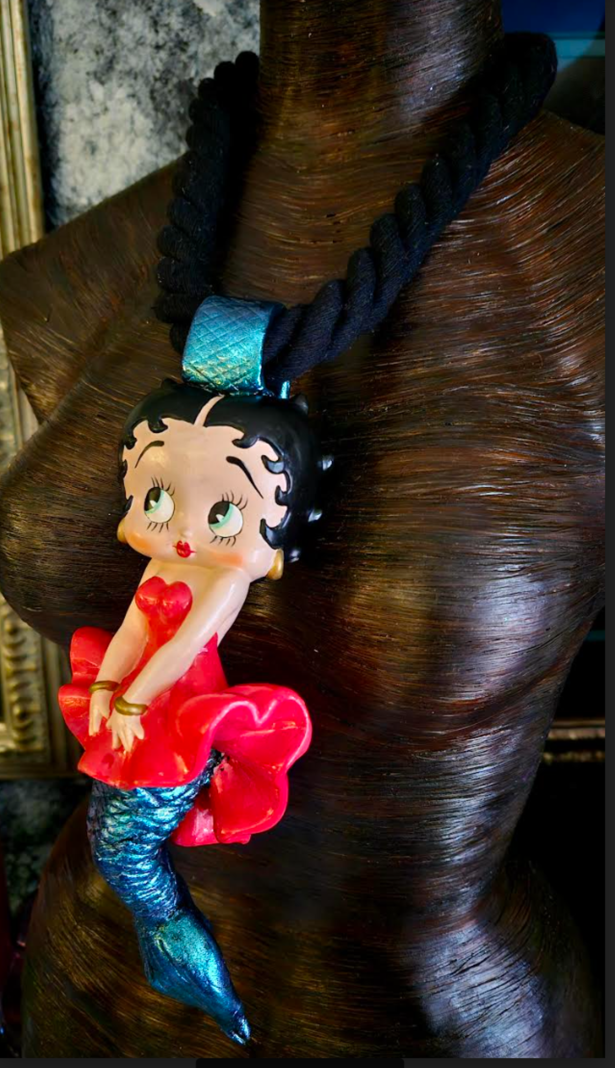 Betty Boop Sculpted Mermaid Statement Pendant -   Whimsical Femme Fatale Cartoon Character With Black Rope - Lagenlook Talisman - Kat Kouture Jewelry
