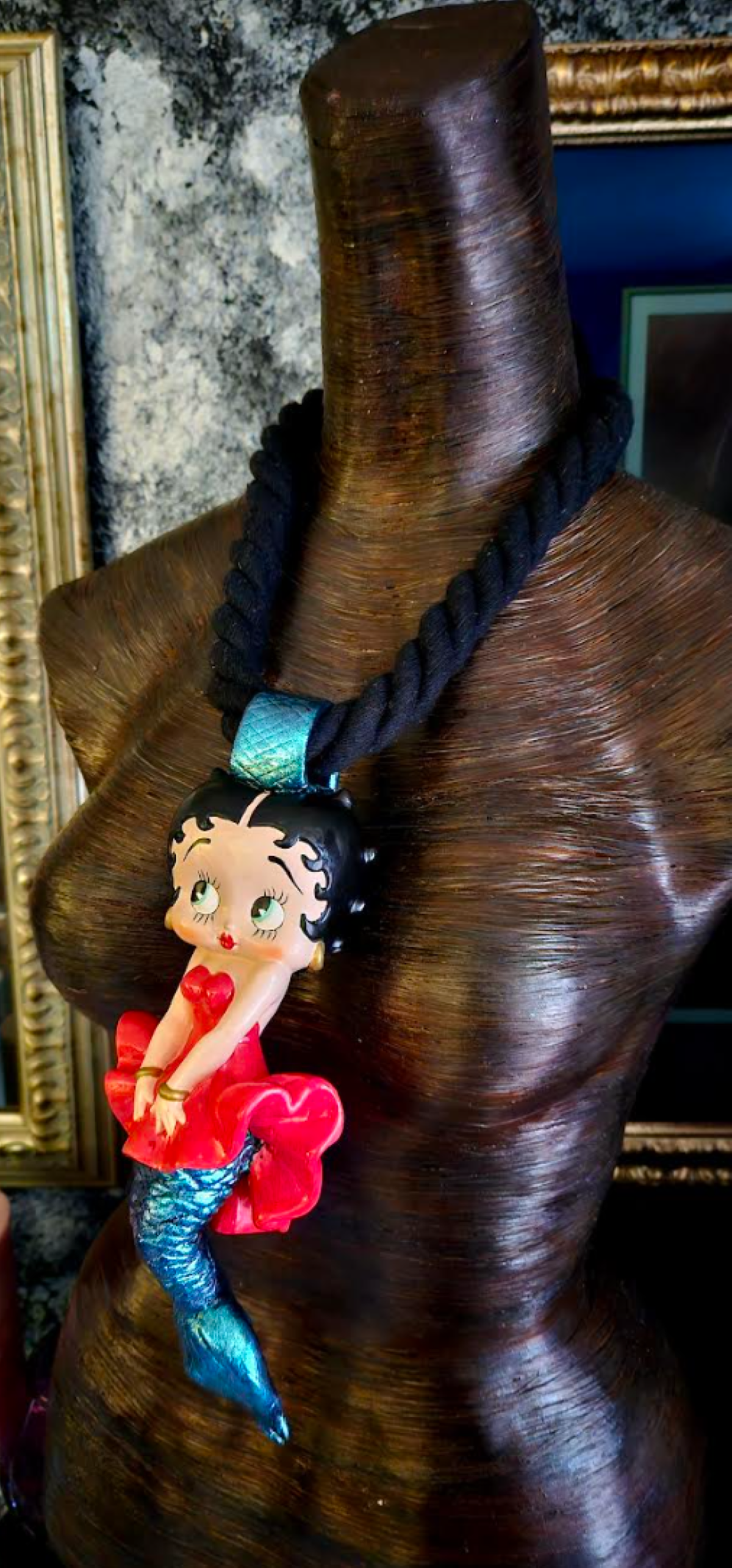 Betty Boop Sculpted Mermaid Statement Pendant -   Whimsical Femme Fatale Cartoon Character With Black Rope - Lagenlook Talisman - Kat Kouture Jewelry