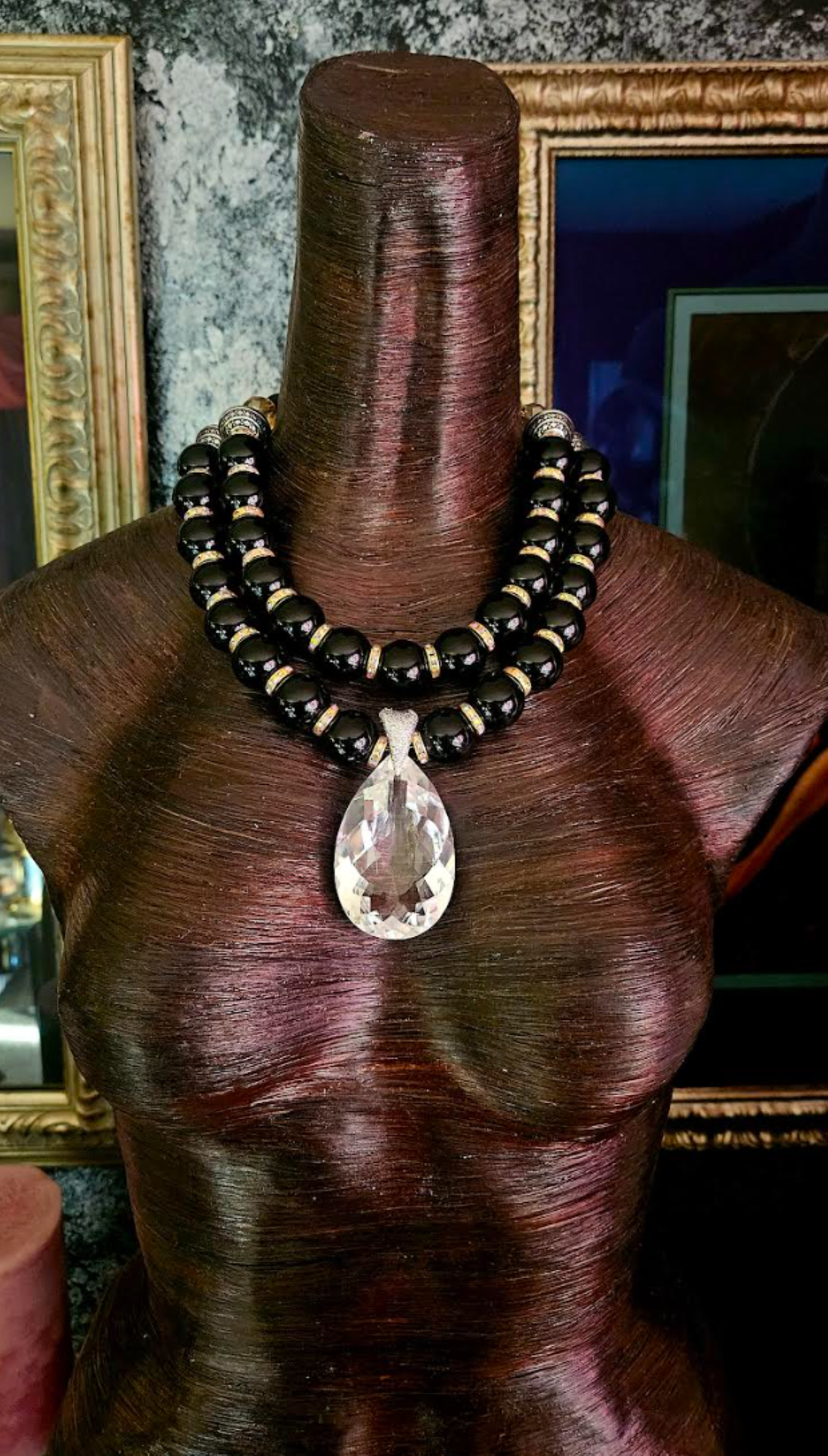 Polished Black Agate Double Strand Necklace With Faceted Quartz Pendant, Conservative Dramatic Neck Candy, Socialite Jewelry