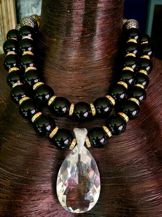 Polished Black Agate Double Strand Necklace With Faceted Quartz Pendant, Conservative Dramatic Neck Candy, Socialite Jewelry