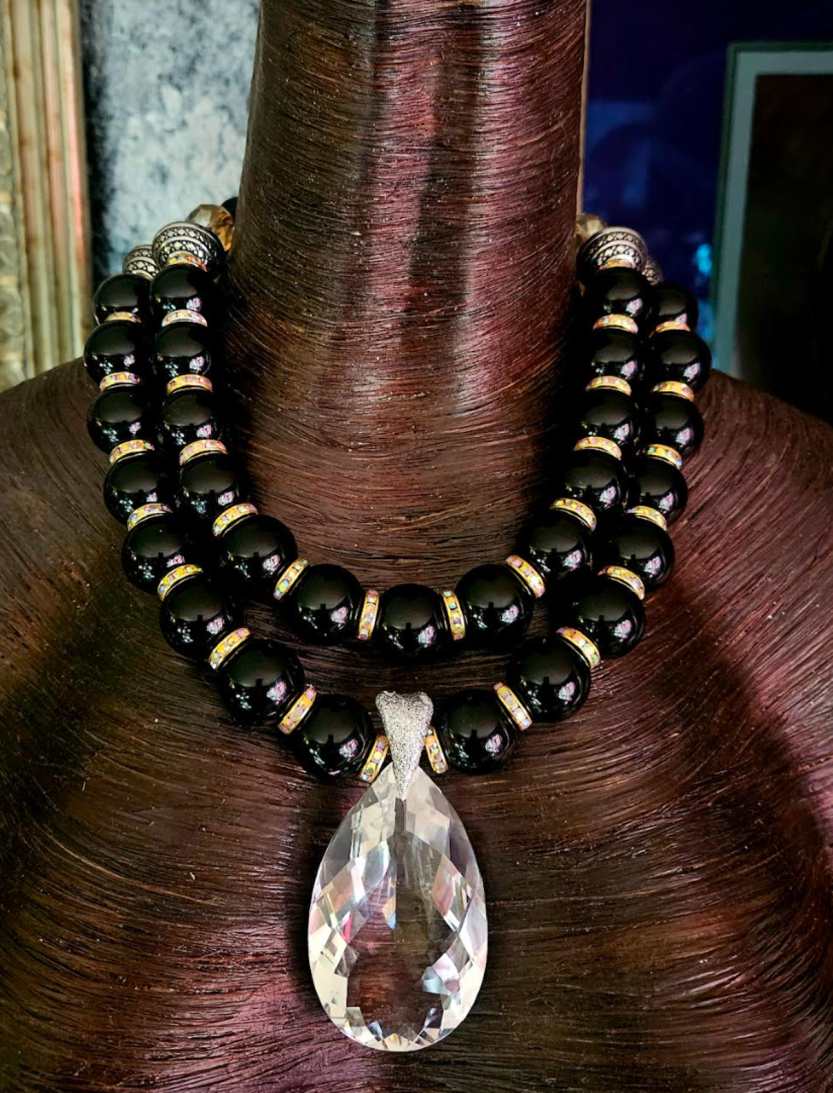 Polished Black Agate Double Strand Necklace With Faceted Quartz Pendant, Conservative Dramatic Neck Candy, Socialite Jewelry