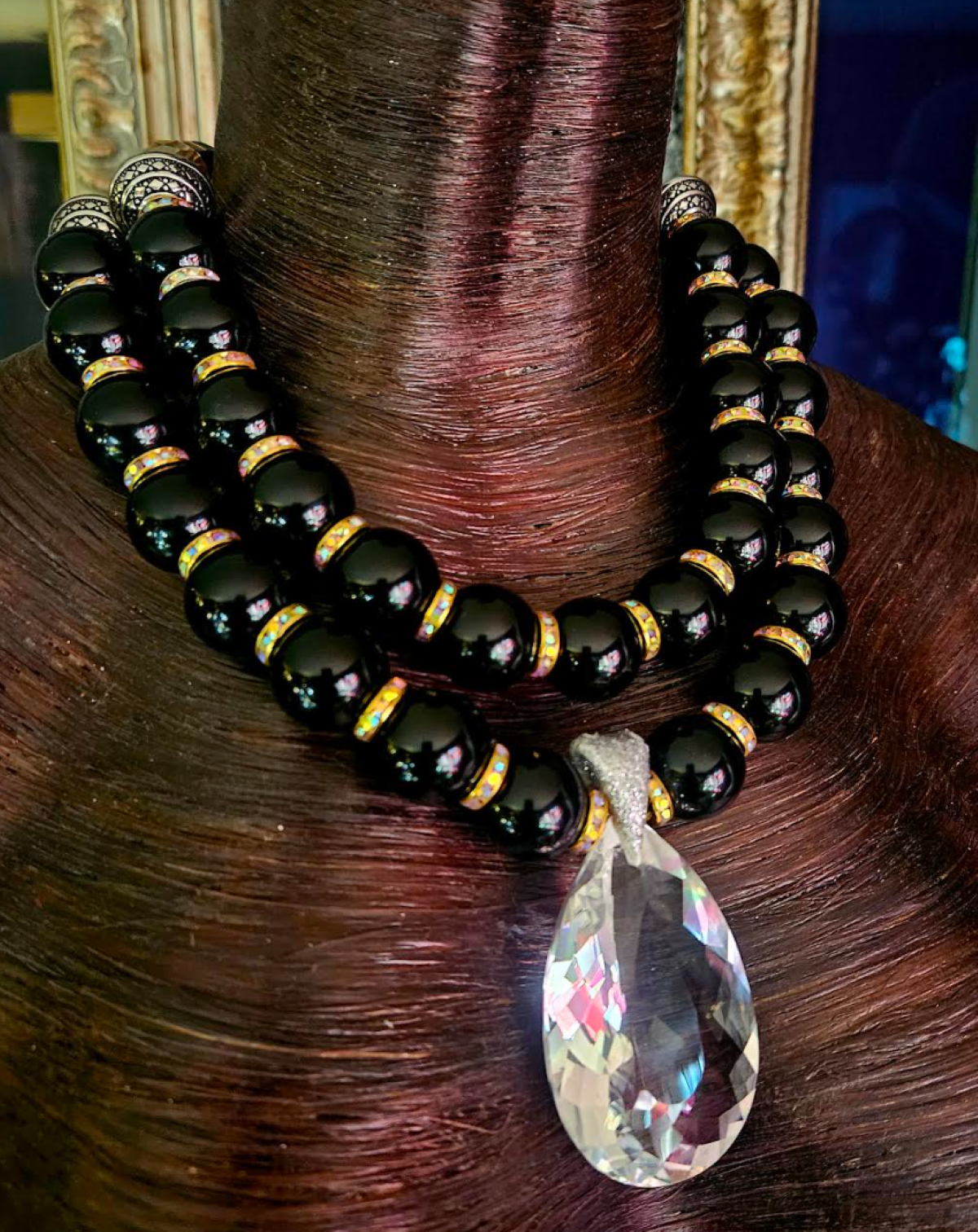 Polished Black Agate Double Strand Necklace With Faceted Quartz Pendant, Conservative Dramatic Neck Candy, Socialite Jewelry