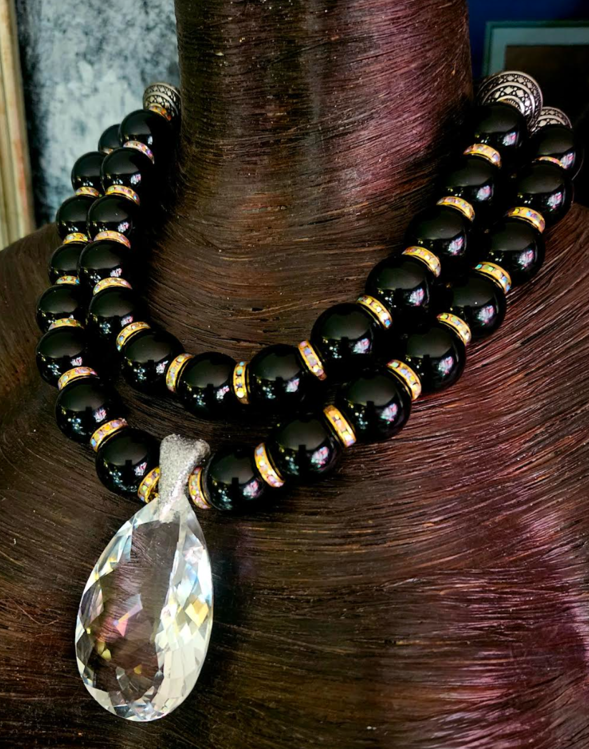 Polished Black Agate Double Strand Necklace With Faceted Quartz Pendant, Conservative Dramatic Neck Candy, Socialite Jewelry