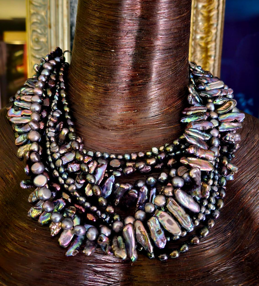 Black Peacock Cultured Freshwater Pearl Multi Strand Socialite Statement Necklace, Conservative Business Professional Venue Neck Candy, Dramatic Shell Choker