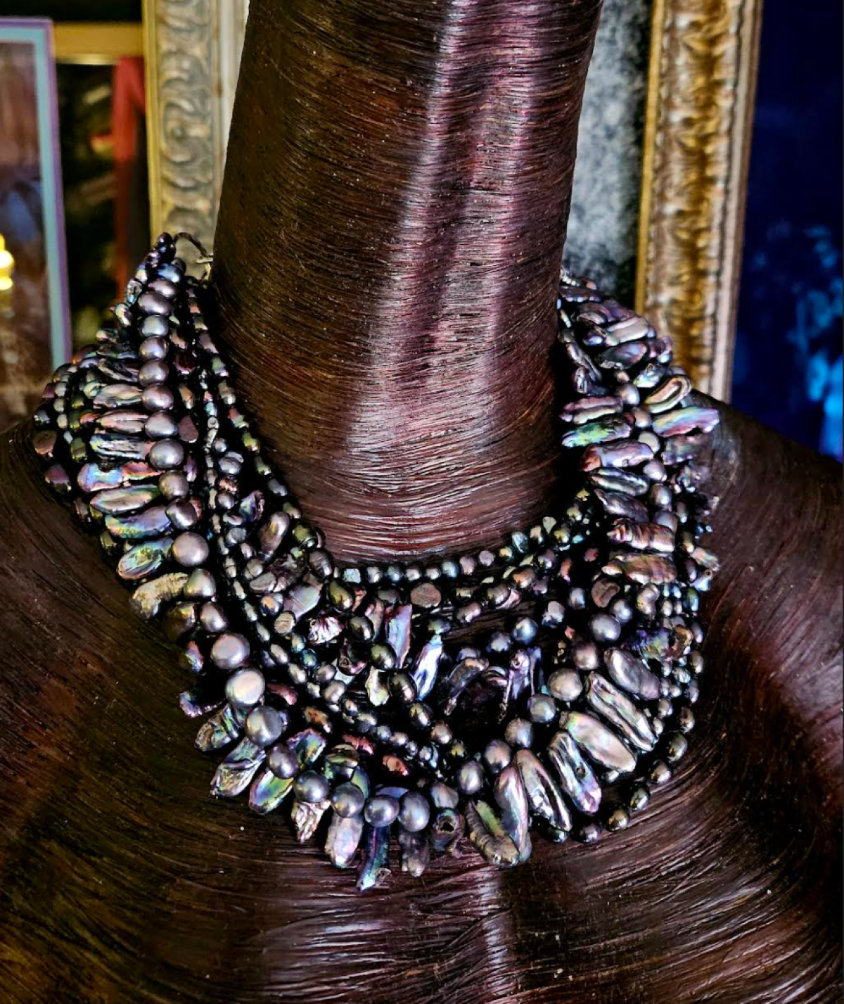 Black Peacock Cultured Freshwater Pearl Multi Strand Socialite Statement Necklace, Conservative Business Professional Venue Neck Candy, Dramatic Shell Choker