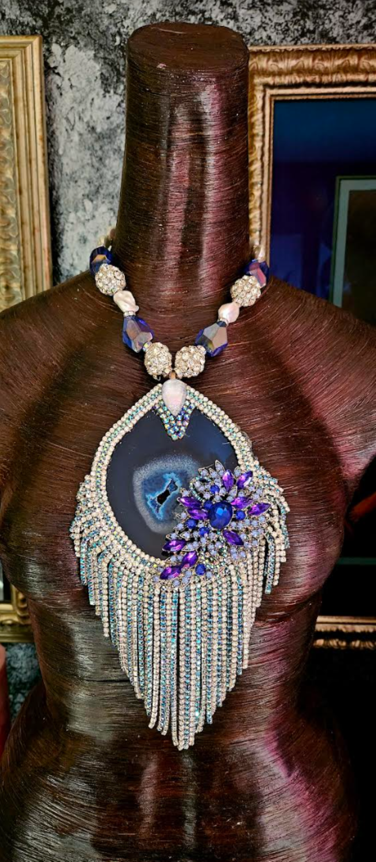 Blue Agate & Rhinestone Dressy Statement Pendant, Gemstone Crystal Fringe Women's Chest Piece, Holiday Jewelry Bling