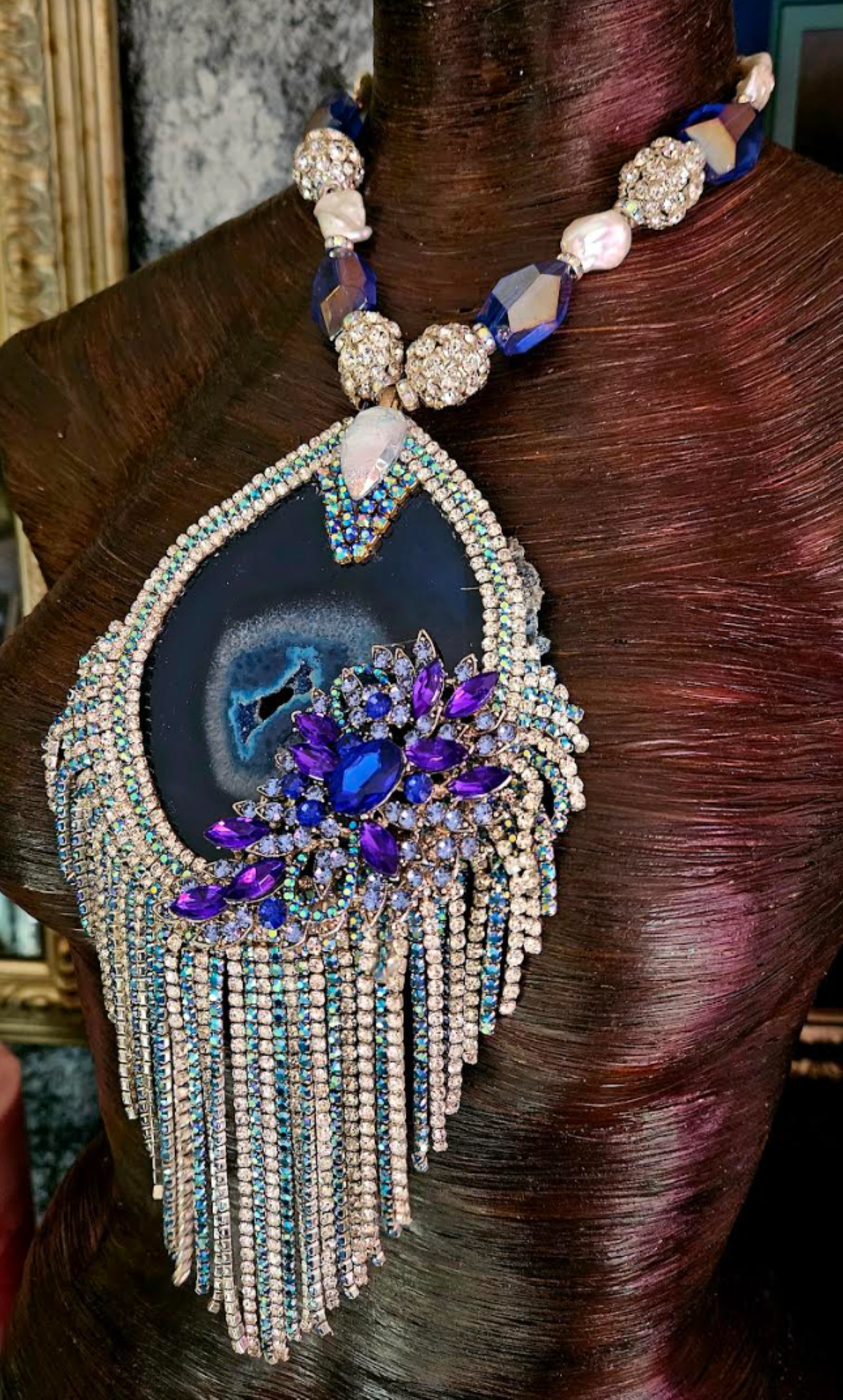 Blue Agate & Rhinestone Dressy Statement Pendant, Gemstone Crystal Fringe Women's Chest Piece, Holiday Jewelry Bling