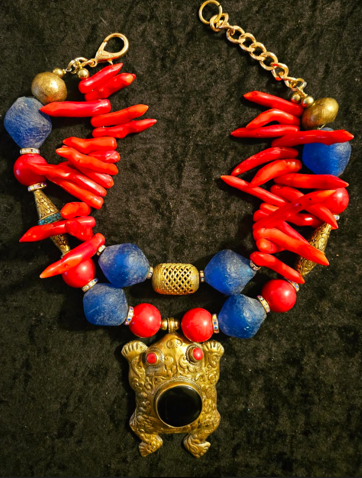 Tibetan Repousse Frog Pendant on Exotic Red Branch Coral & Blue Glass Necklace - OOAK Wearable Art from Kat Kouture Jewelry - Red Blue and Gold Haute Couture Neck Candy