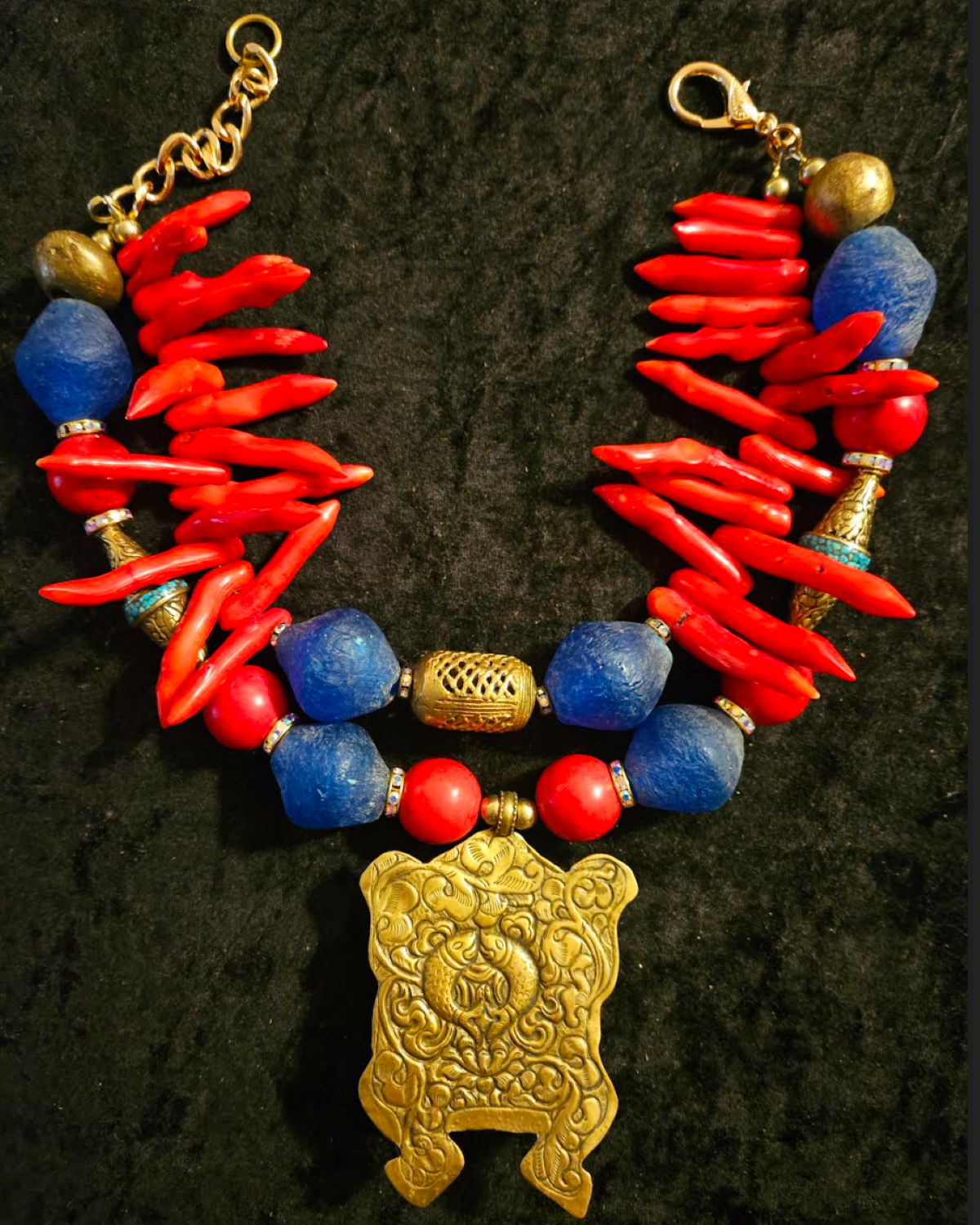 Tibetan Repousse Frog Pendant on Exotic Red Branch Coral & Blue Glass Necklace - OOAK Wearable Art from Kat Kouture Jewelry - Red Blue and Gold Haute Couture Neck Candy