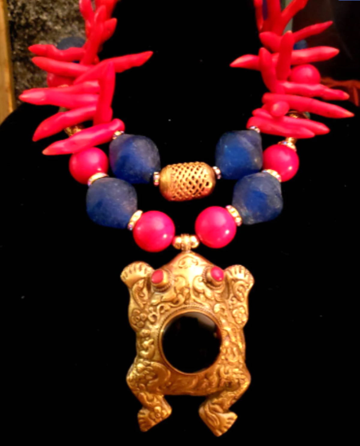 Tibetan Repousse Frog Pendant on Exotic Red Branch Coral & Blue Glass Necklace - OOAK Wearable Art from Kat Kouture Jewelry - Red Blue and Gold Haute Couture Neck Candy