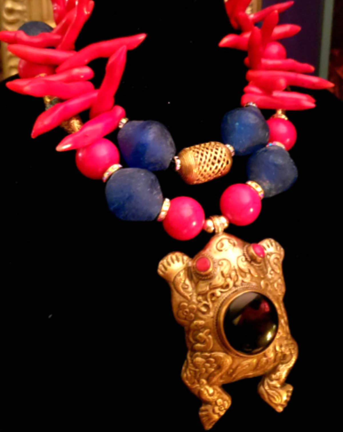 Tibetan Repousse Frog Pendant on Exotic Red Branch Coral & Blue Glass Necklace - OOAK Wearable Art from Kat Kouture Jewelry - Red Blue and Gold Haute Couture Neck Candy