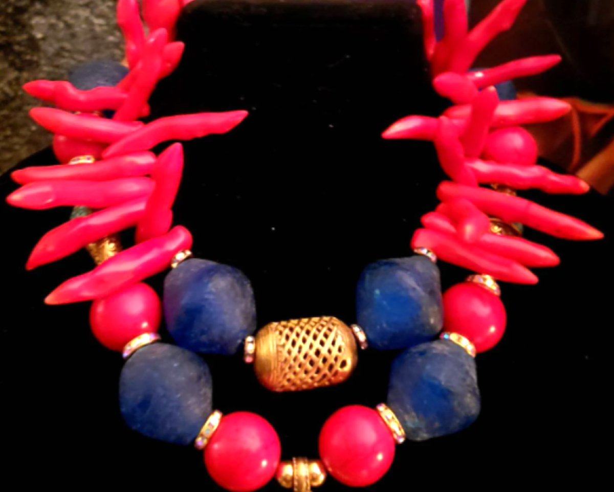 Tibetan Repousse Frog Pendant on Exotic Red Branch Coral & Blue Glass Necklace - OOAK Wearable Art from Kat Kouture Jewelry - Red Blue and Gold Haute Couture Neck Candy