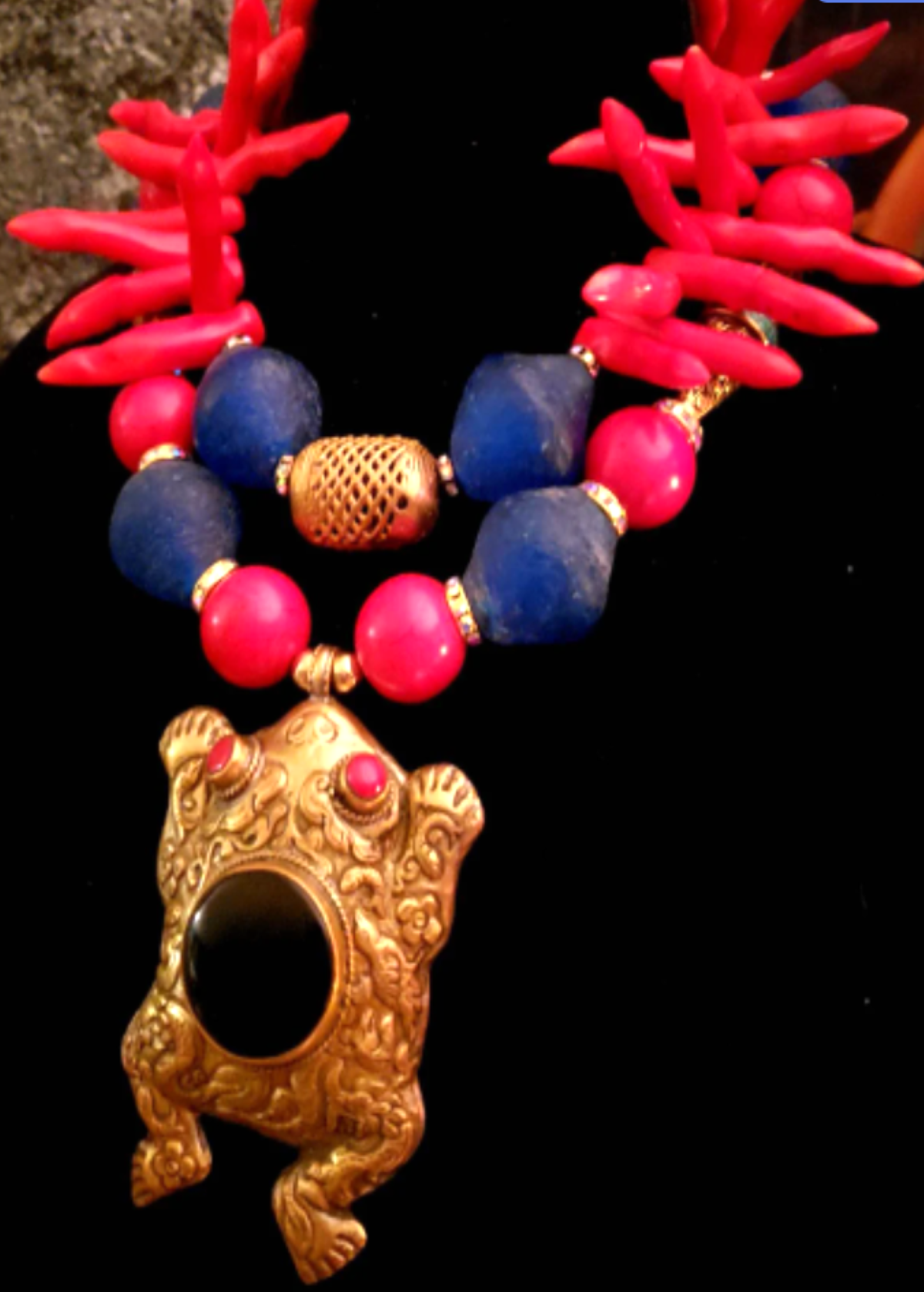 Tibetan Repousse Frog Pendant on Exotic Red Branch Coral & Blue Glass Necklace - OOAK Wearable Art from Kat Kouture Jewelry - Red Blue and Gold Haute Couture Neck Candy