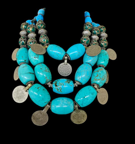 Magnesite Barrel & Tribal Coin Necklace – Kuchi + Turkman Statement