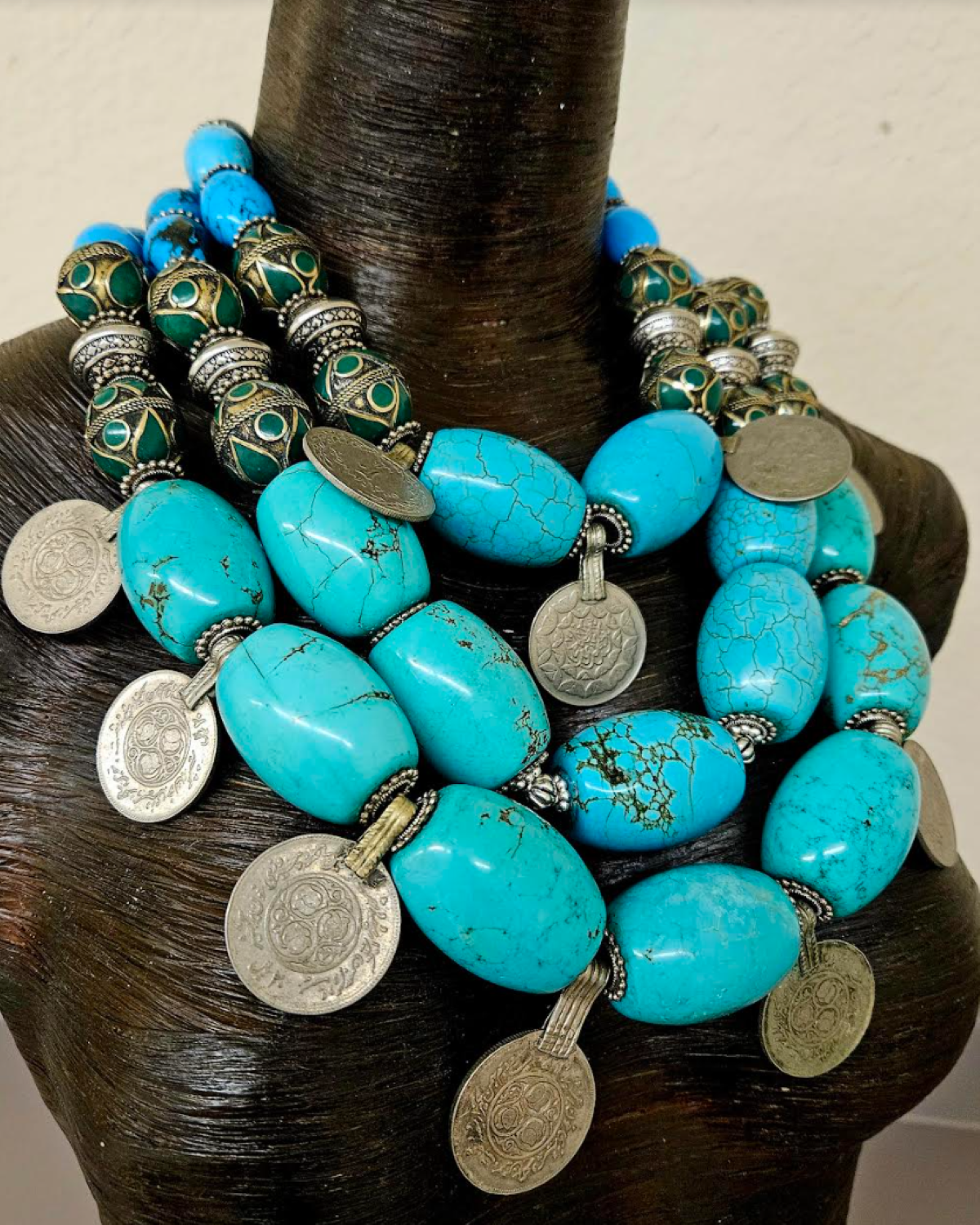 Bold Chunky & Heavy Tribal Beaded and Coin Statement Necklace, Belly Dancer Jewelry, Exotic Wild Ethnic Inspired Neck Candy
