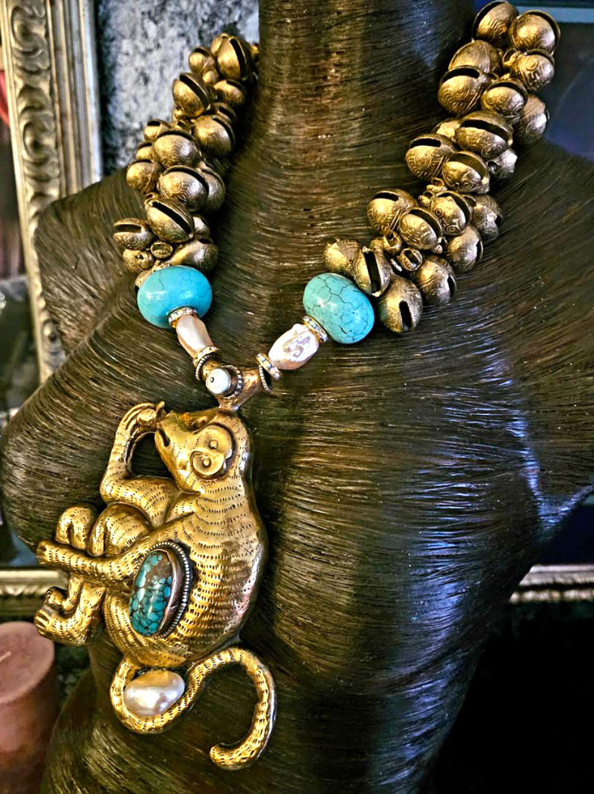 Asian Brass Chime Statement Necklace - Rare Brass Repousse Monkey Pendant Chest Piece -  Heavy Haute Couture Neck Candy - Kat Kouture Jewelry