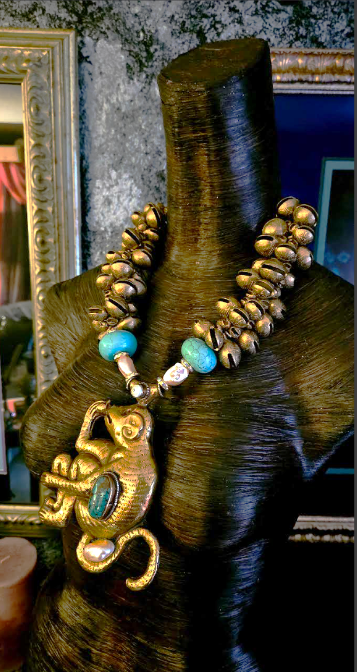 Asian Brass Chime Statement Necklace - Rare Brass Repousse Monkey Pendant Chest Piece -  Heavy Haute Couture Neck Candy - Kat Kouture Jewelry