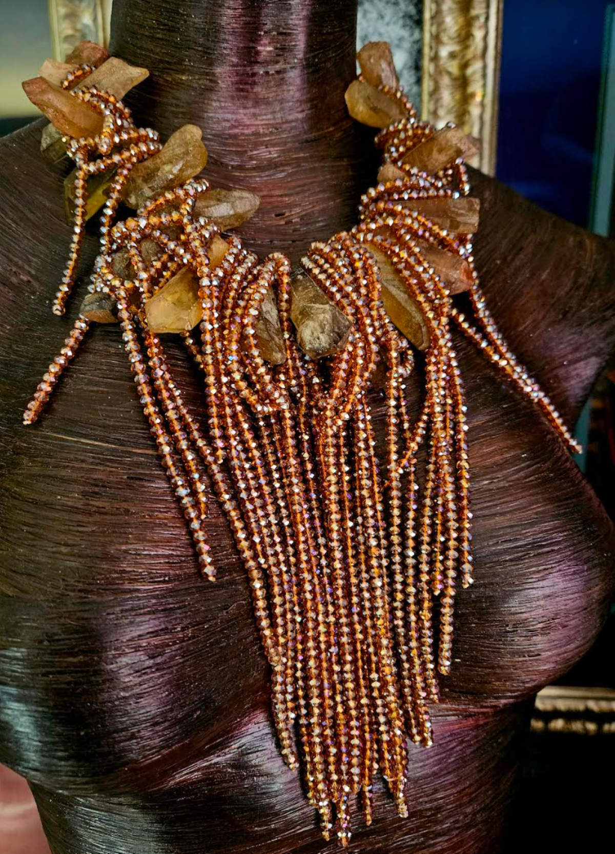 Brown Branch Quartz & Faceted Crystal Waterfall Necklace, Raw Rough Gemstone Fringe Chest Piece, Haute Couture Neck Candy