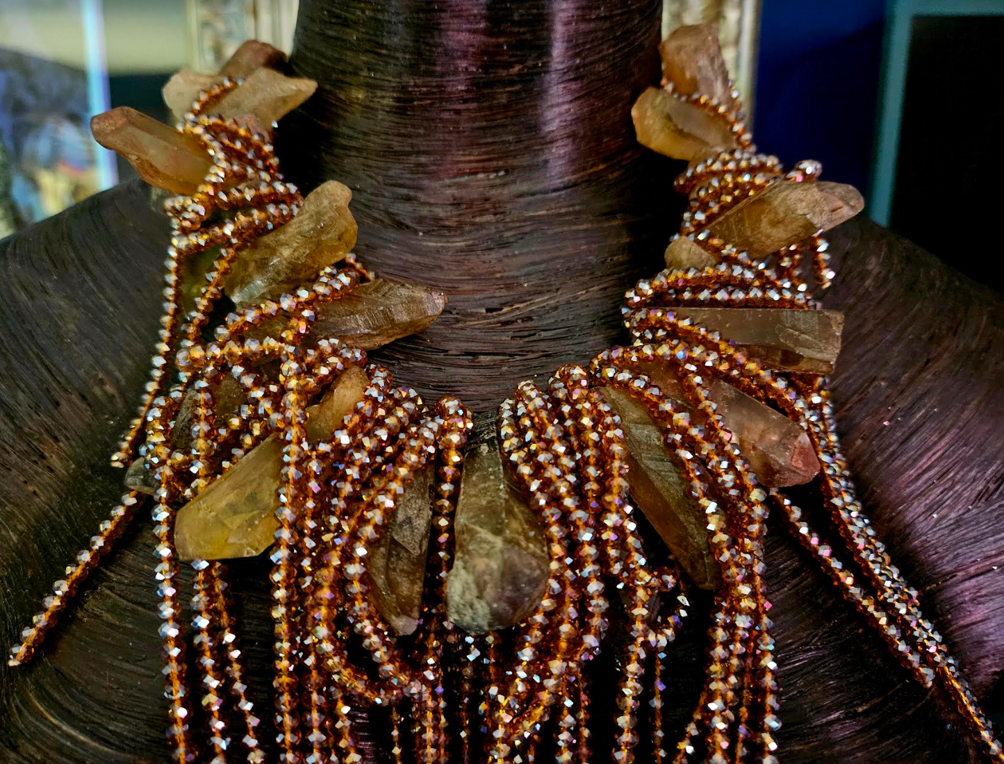 Brown Branch Quartz & Faceted Crystal Waterfall Necklace, Raw Rough Gemstone Fringe Chest Piece, Haute Couture Neck Candy