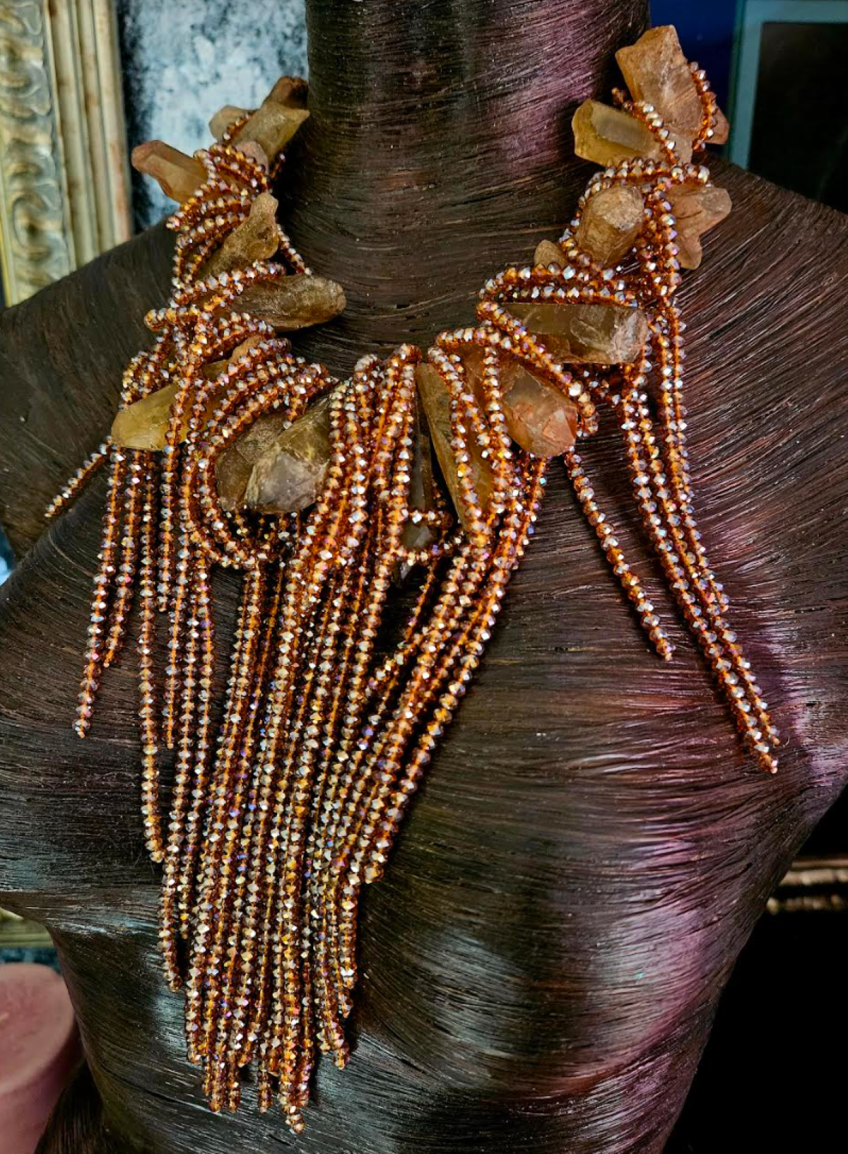 Brown Branch Quartz & Faceted Crystal Waterfall Necklace, Raw Rough Gemstone Fringe Chest Piece, Haute Couture Neck Candy