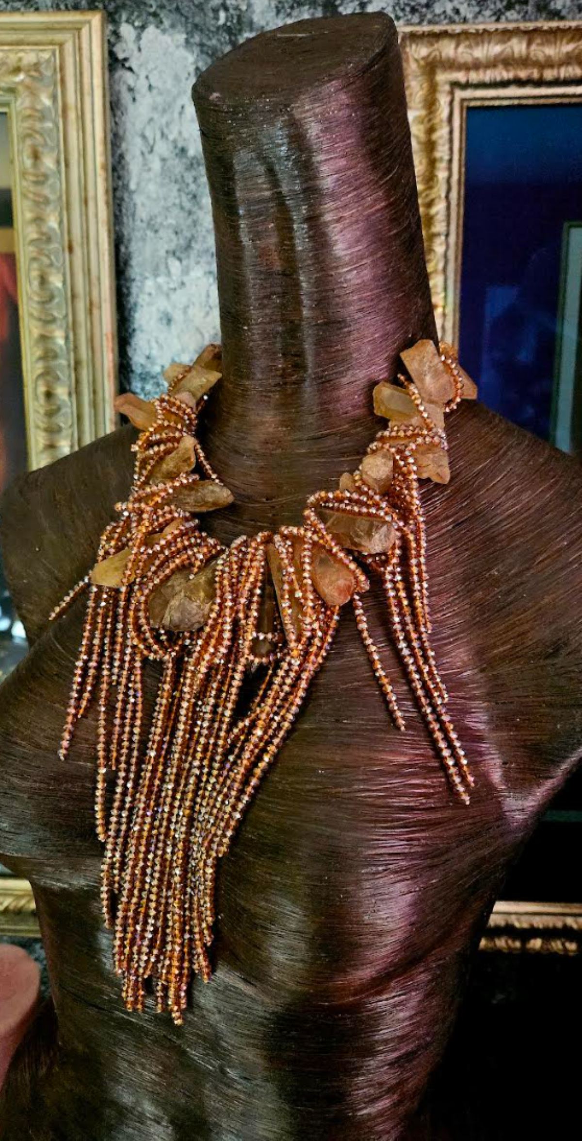 Brown Branch Quartz & Faceted Crystal Waterfall Necklace, Raw Rough Gemstone Fringe Chest Piece, Haute Couture Neck Candy