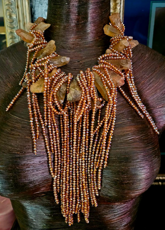 Brown Branch Quartz & Faceted Crystal Waterfall Necklace, Raw Rough Gemstone Fringe Chest Piece, Haute Couture Neck Candy