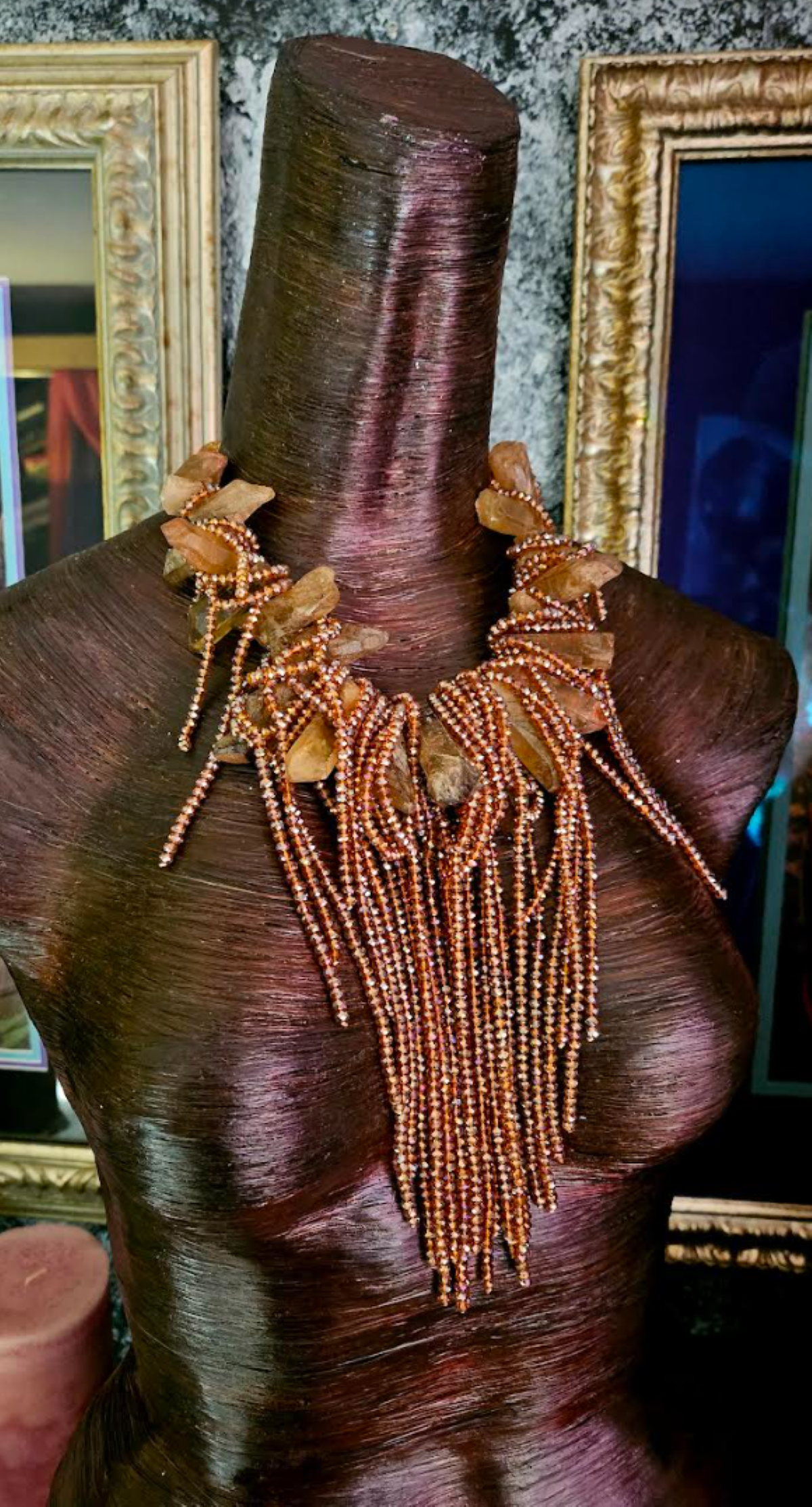 Brown Branch Quartz & Faceted Crystal Waterfall Necklace, Raw Rough Gemstone Fringe Chest Piece, Haute Couture Neck Candy