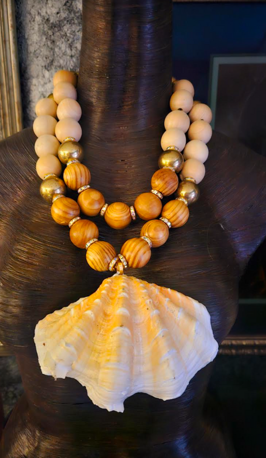 Oversized Brass Wood Beaded Two Strand Necklace with Clam Shell Pendant, Cruise Wear Jewelry, Neck Candy for Women of Color