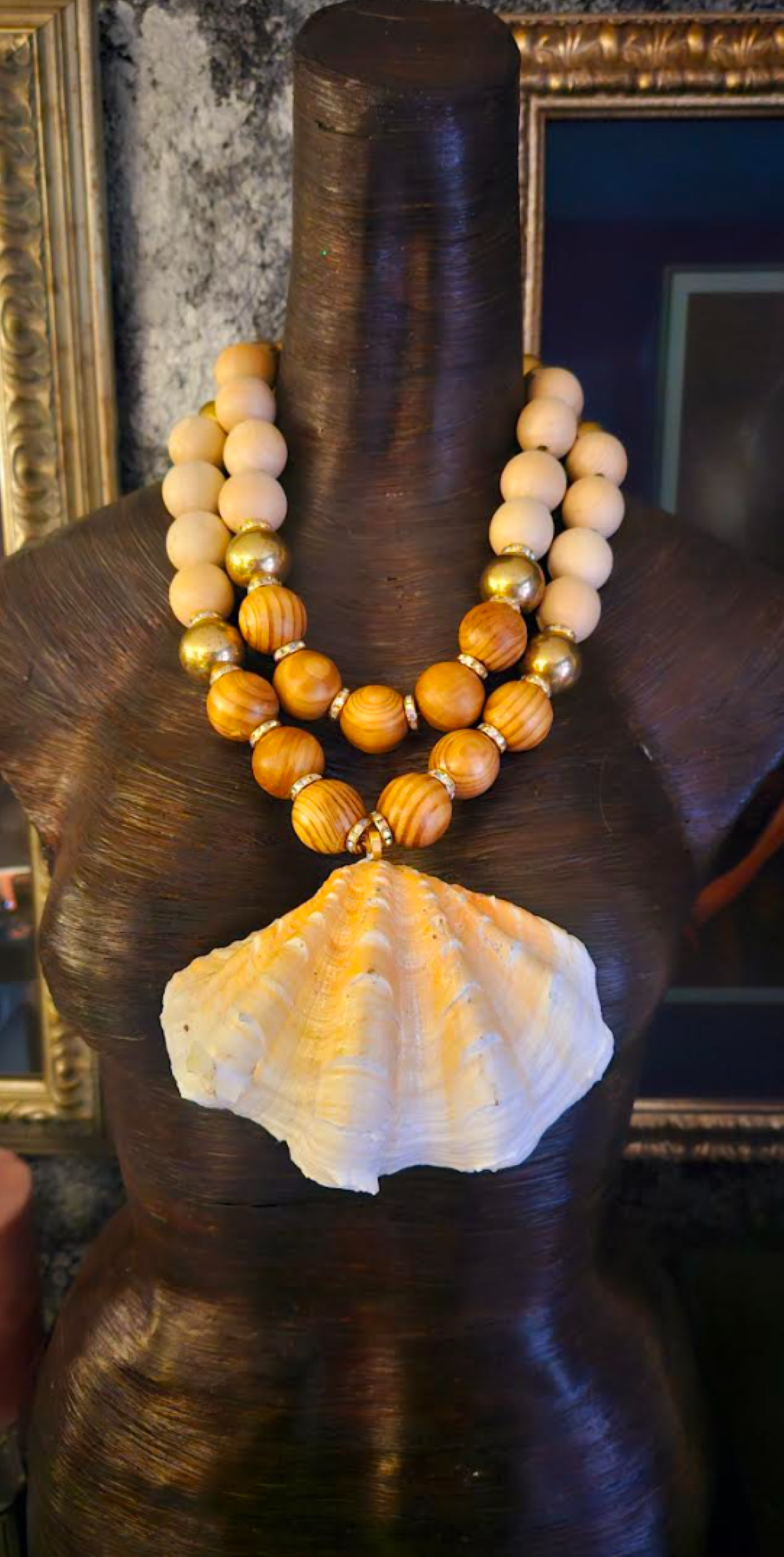 Oversized Brass Wood Beaded Two Strand Necklace with Clam Shell Pendant, Cruise Wear Jewelry, Neck Candy for Women of Color