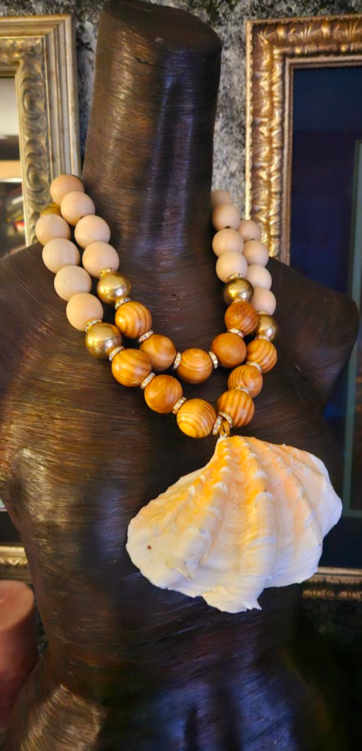 Oversized Brass Wood Beaded Two Strand Necklace with Clam Shell Pendant, Cruise Wear Jewelry, Neck Candy for Women of Color