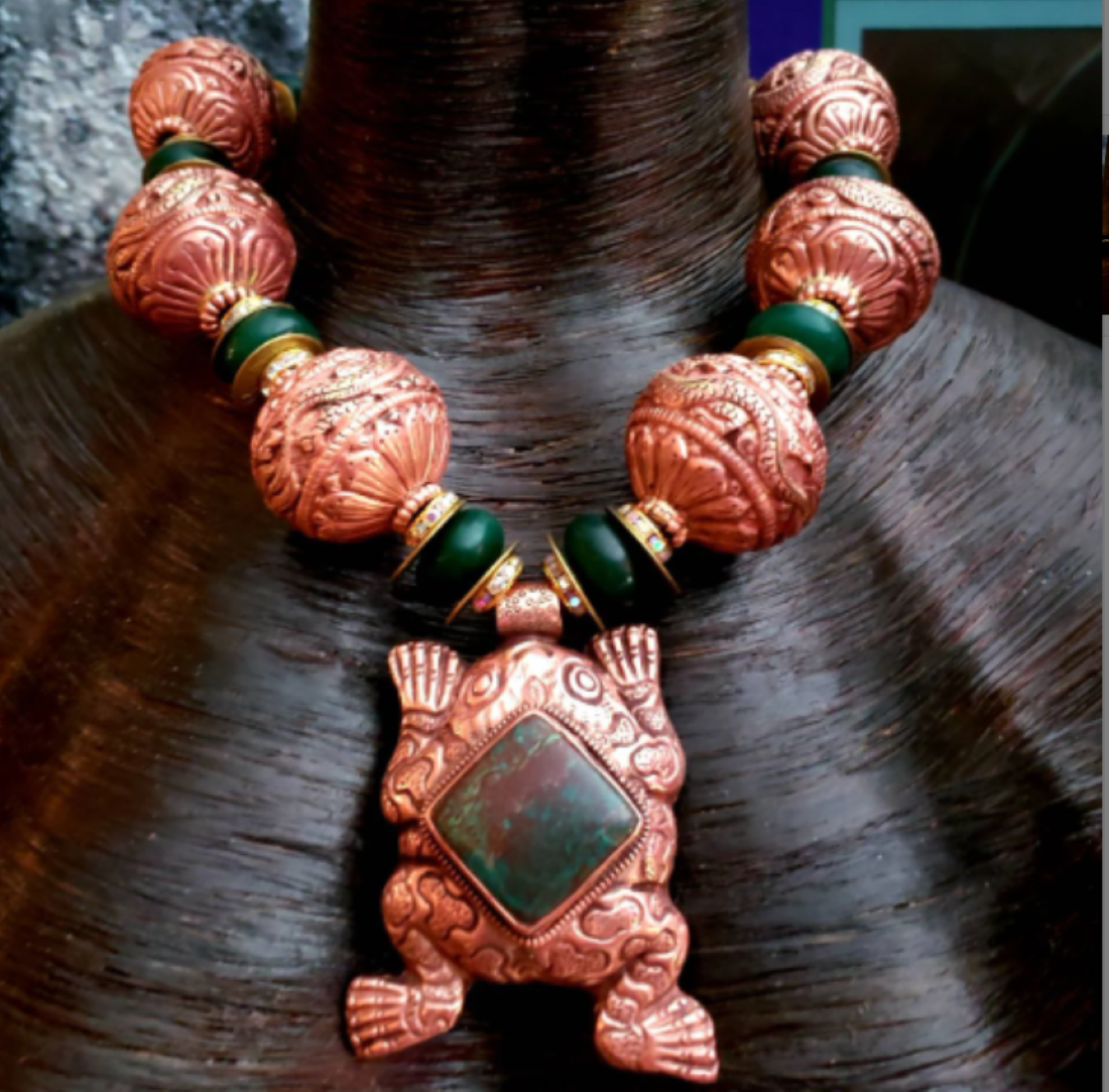 Luxury Tibetan Copper Repousse & Emerald Oversized Beaded Statement Necklace - Tibetan Copper Repousse Frog Tribal Statement Pendant  Kat Kouture Jewelry