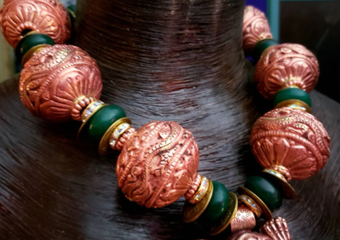 Luxury Tibetan Copper Repousse & Emerald Oversized Beaded Statement Necklace - Tibetan Copper Repousse Frog Tribal Statement Pendant  Kat Kouture Jewelry