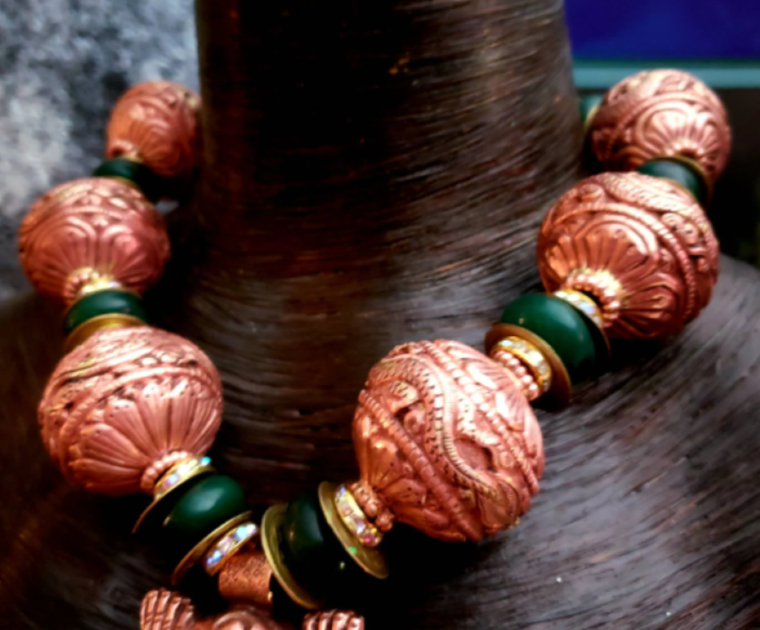 Luxury Tibetan Copper Repousse & Emerald Oversized Beaded Statement Necklace - Tibetan Copper Repousse Frog Tribal Statement Pendant  Kat Kouture Jewelry